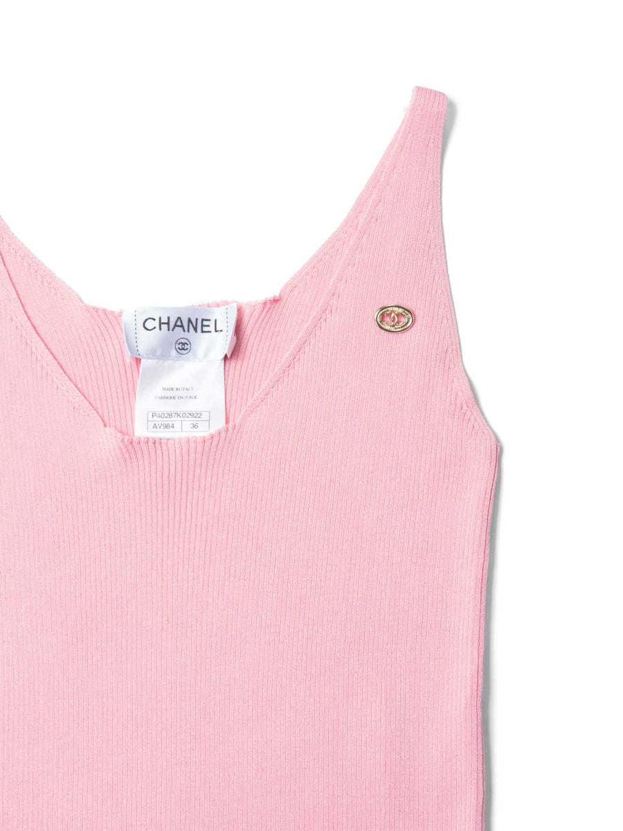 CHANEL CC Logo Cotton Silk Sleeveless Ribbed Tank Top Pink