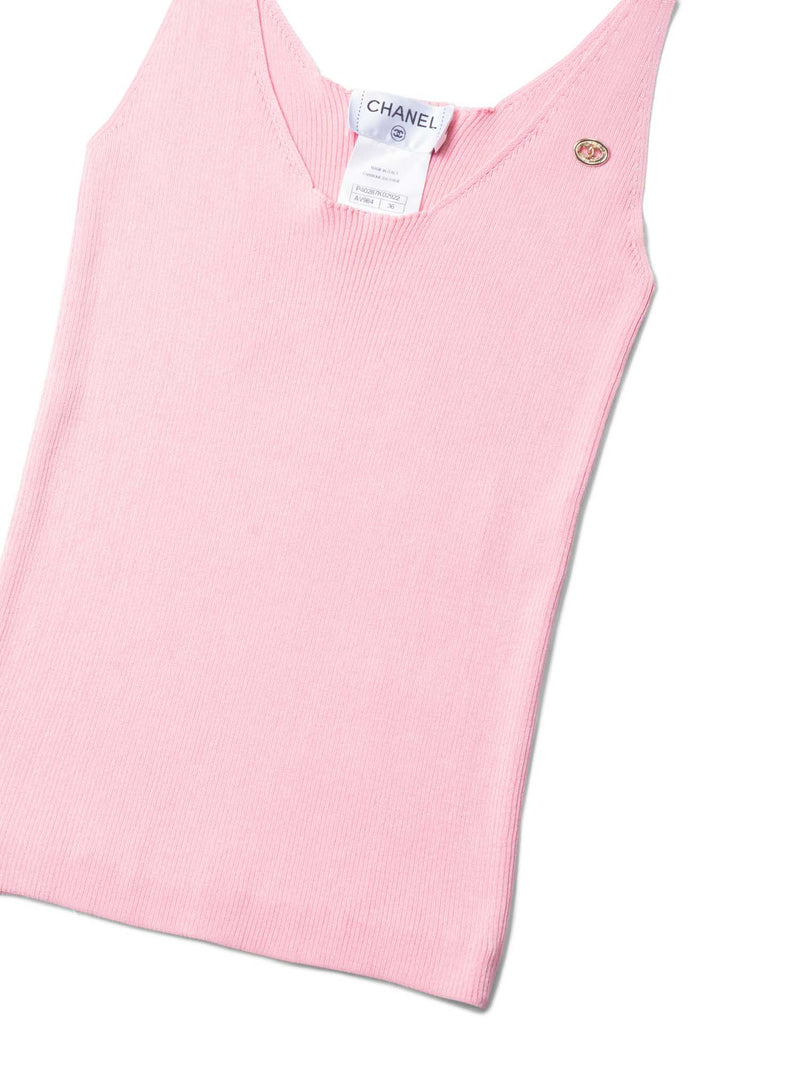 CHANEL CC Logo Cotton Silk Sleeveless Ribbed Tank Top Pink-designer resale