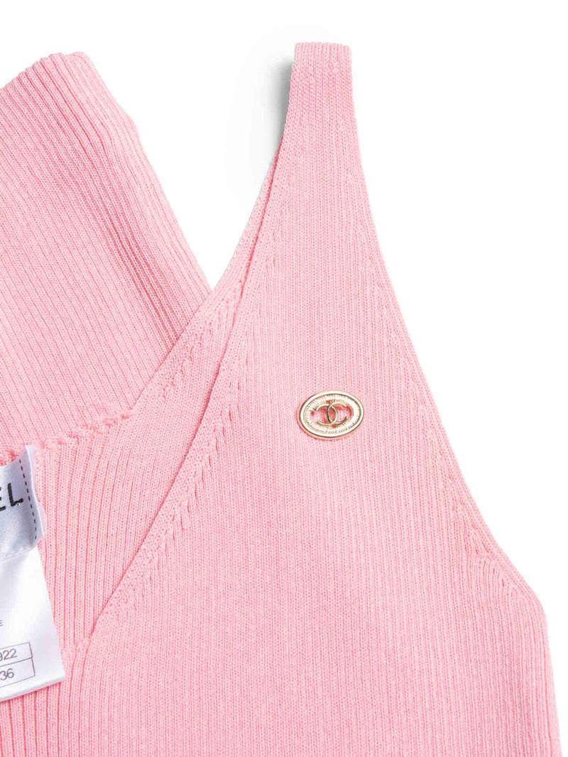 CHANEL CC Logo Cotton Silk Sleeveless Ribbed Tank Top Pink-designer resale