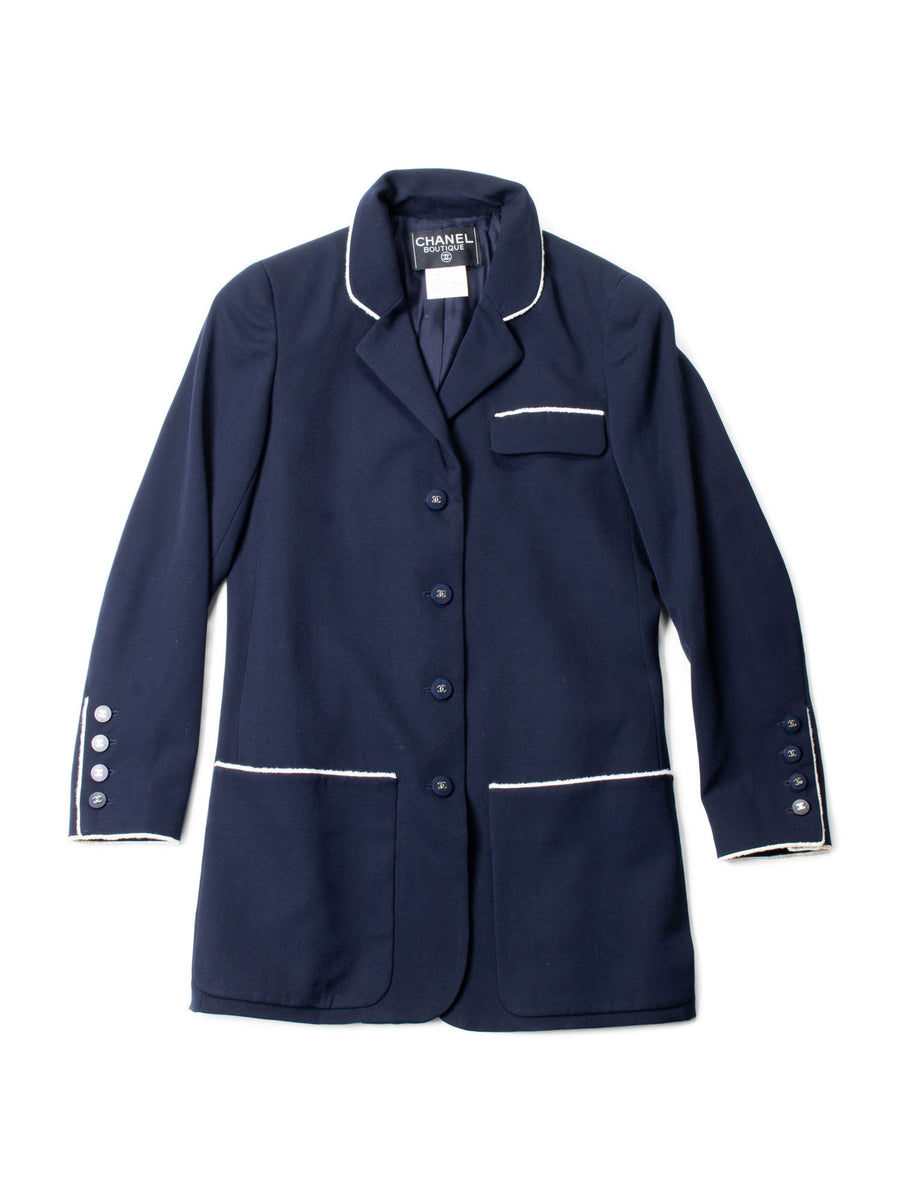 CHANEL CC Logo Fringe Wool Jacket Navy Ivory