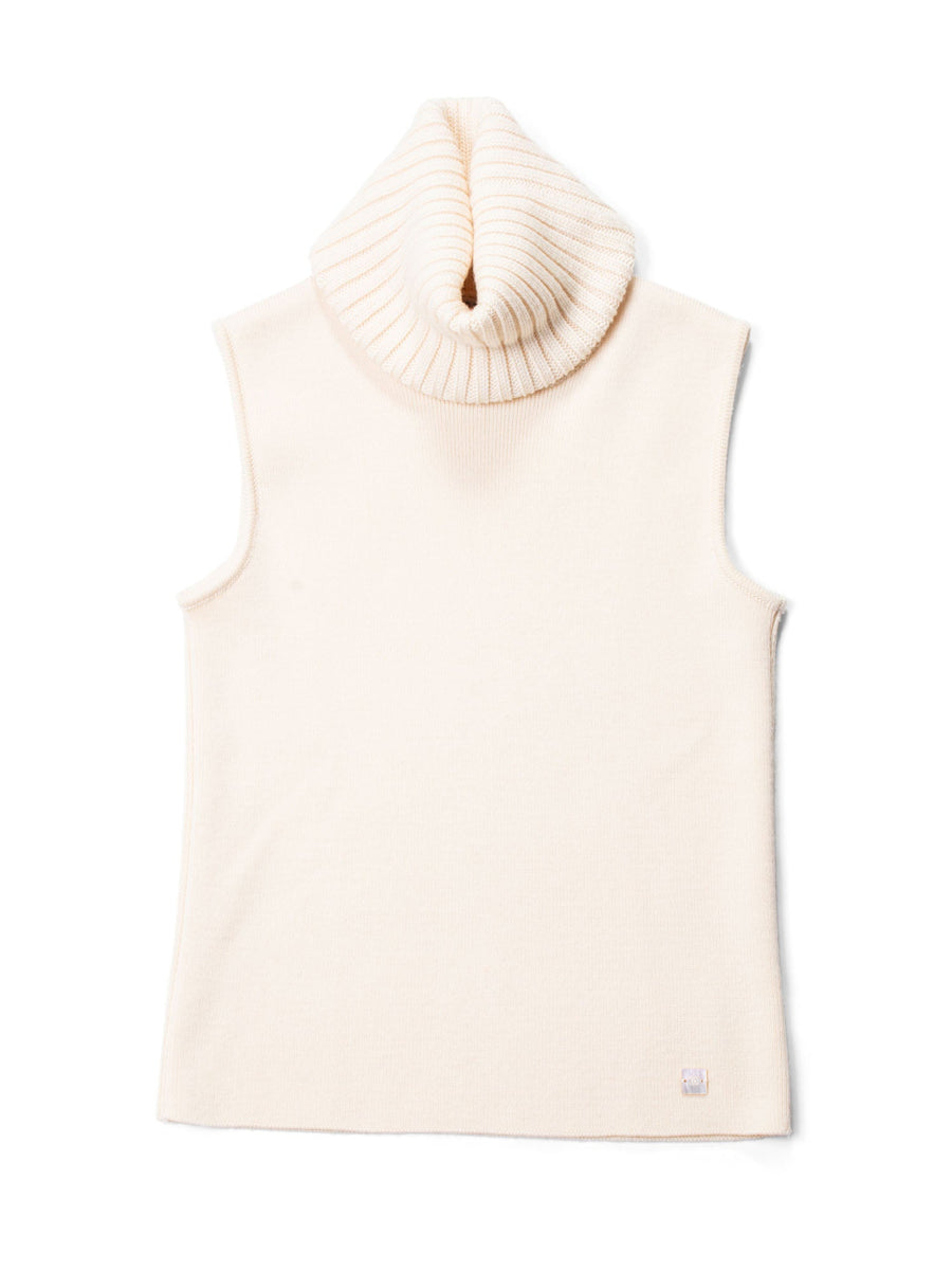 CHANEL CC Logo Knit Sleeveless Turtleneck Top Beige