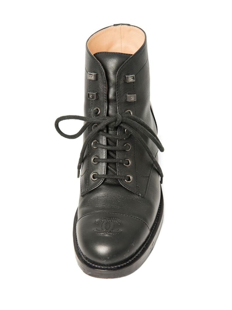 CHANEL CC Logo Leather Lace Up Cap Toe Boots Black-designer resale