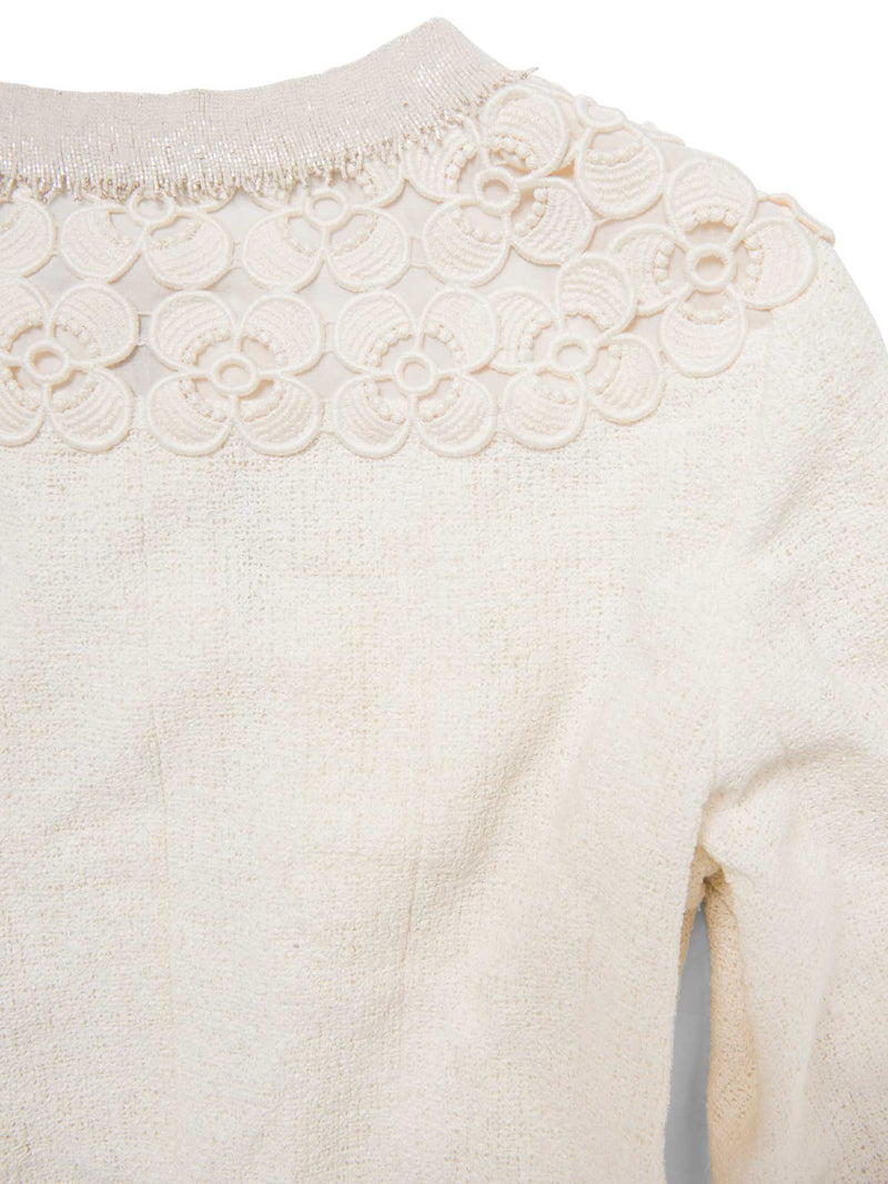 CHANEL CC Logo Lesage Tweed Camellia Beaded Fringe Jacket Ivory-designer resale