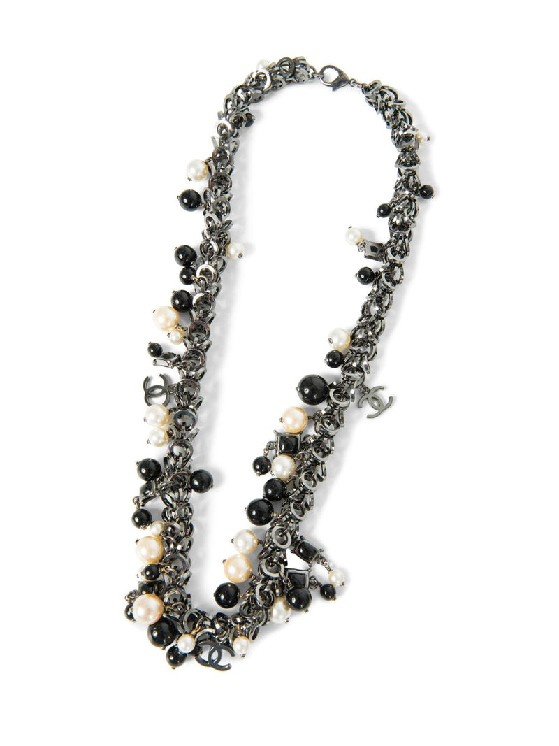 CHANEL CC Logo Pearl Runway Necklace Black White-designer resale