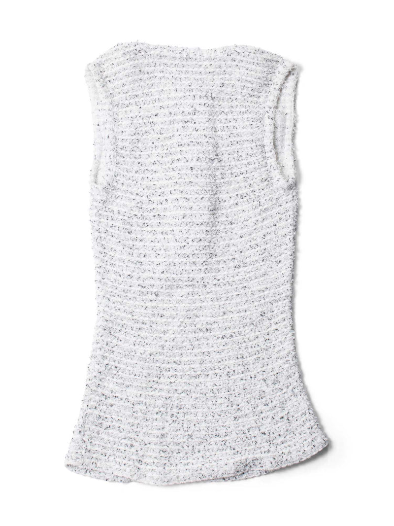 CHANEL CC Logo Pearl Tweed Fringe Sleeveless Blouse White-designer resale