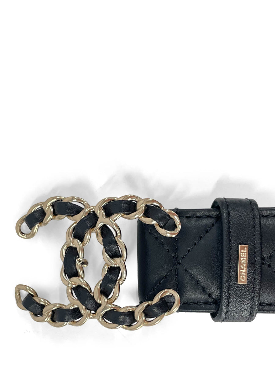 Chanel CC Gold Logo Quilted Black Belt Chanel Quilted Black Leather Belt - SIZE 95 ○ Labellov  main image 2