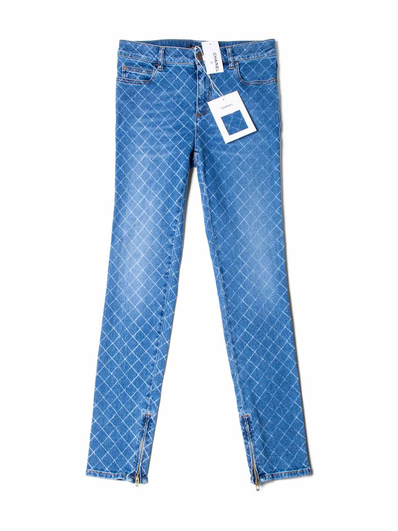 CHANEL CC Logo Quilted Zippered Skinny Denim Jeans Blue-designer resale