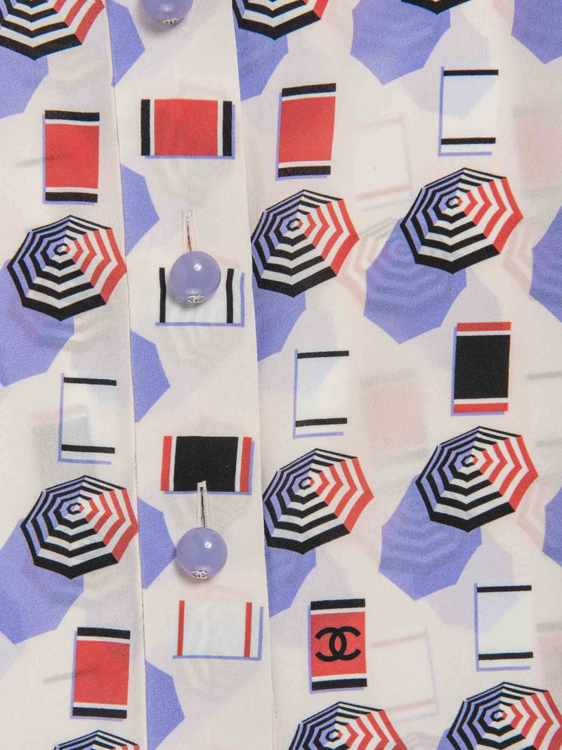 CHANEL CC Logo Silk Beach Motif Blouse Pink