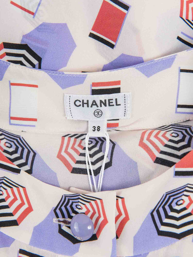CHANEL CC Logo Silk Beach Motif Blouse Pink