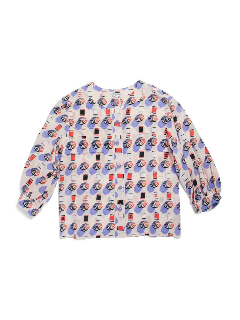 CHANEL CC Logo Silk Beach Motif Blouse Pink