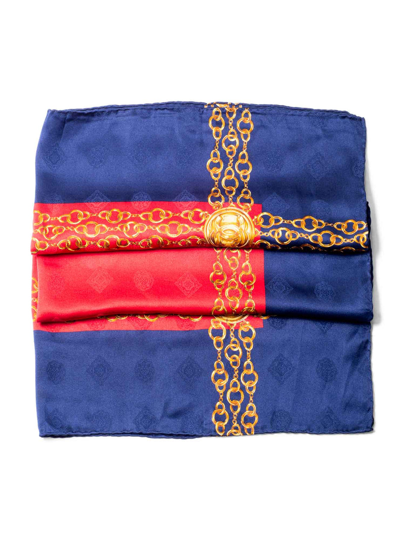 CHANEL CC Logo Silk Chain Scarf Red Blue-designer resale