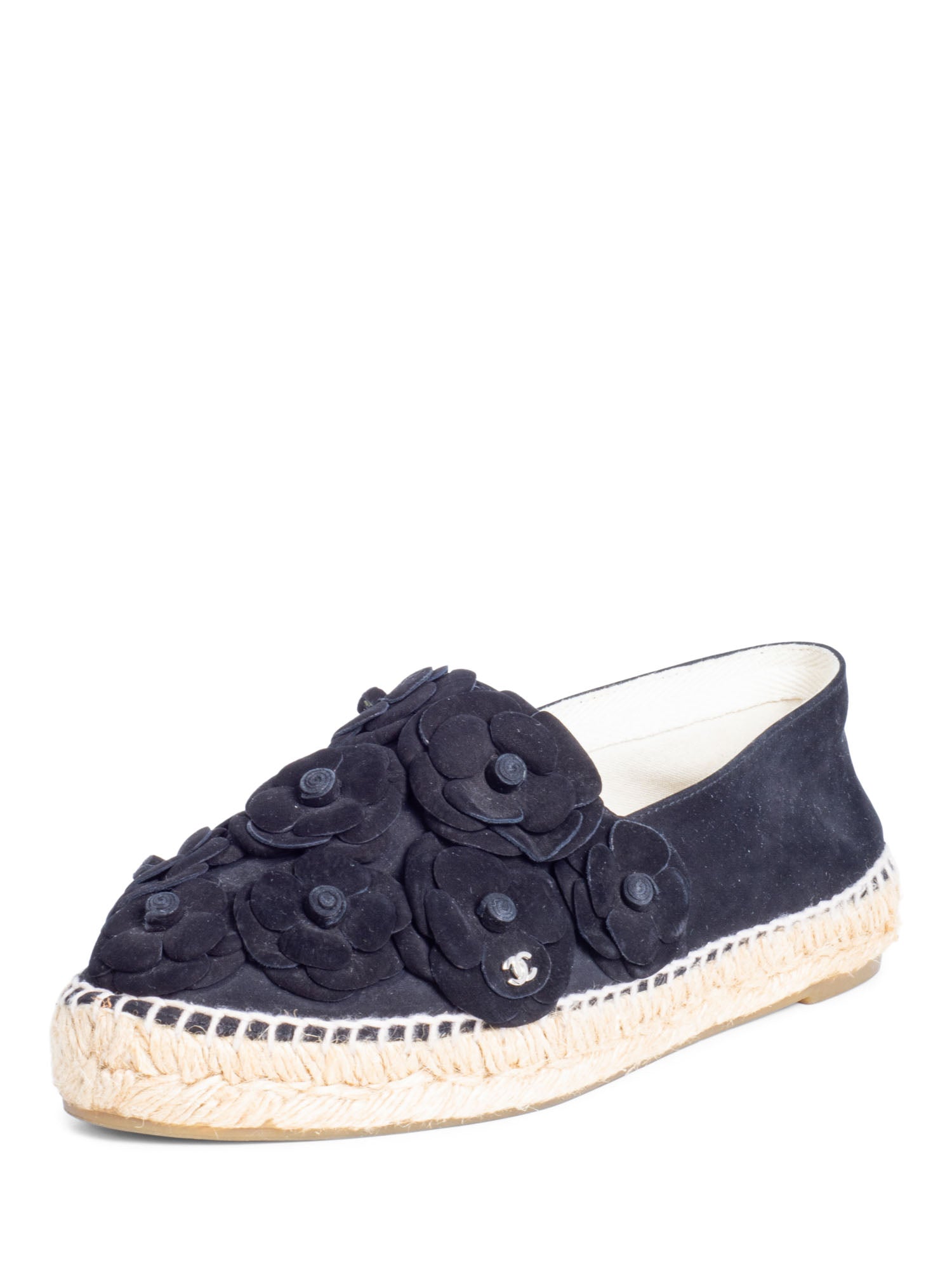 CHANEL CC Logo Suede Camellia Espadrilles Black-designer resale