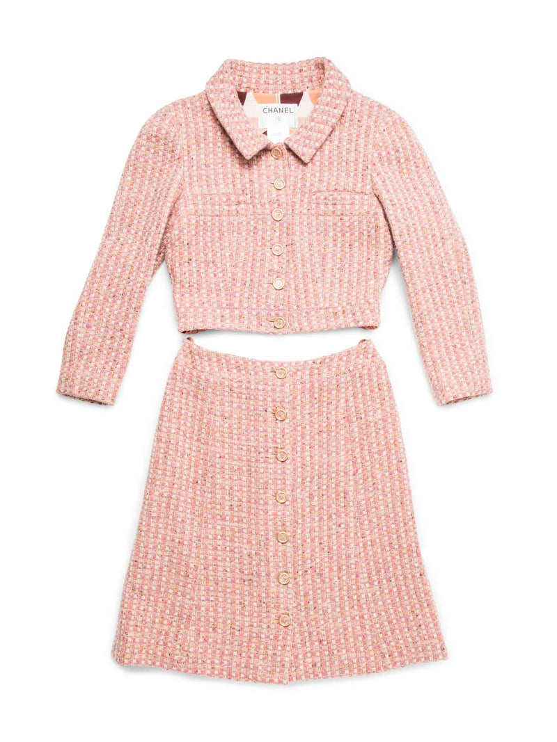 CHANEL CC Logo Tweed Cropped Jacket Skirt Suit Blush Pink-designer resale