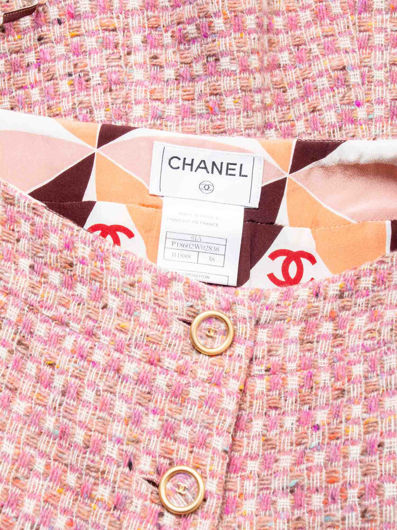 CHANEL CC Logo Tweed Cropped Jacket Skirt Suit Blush Pink-designer resale