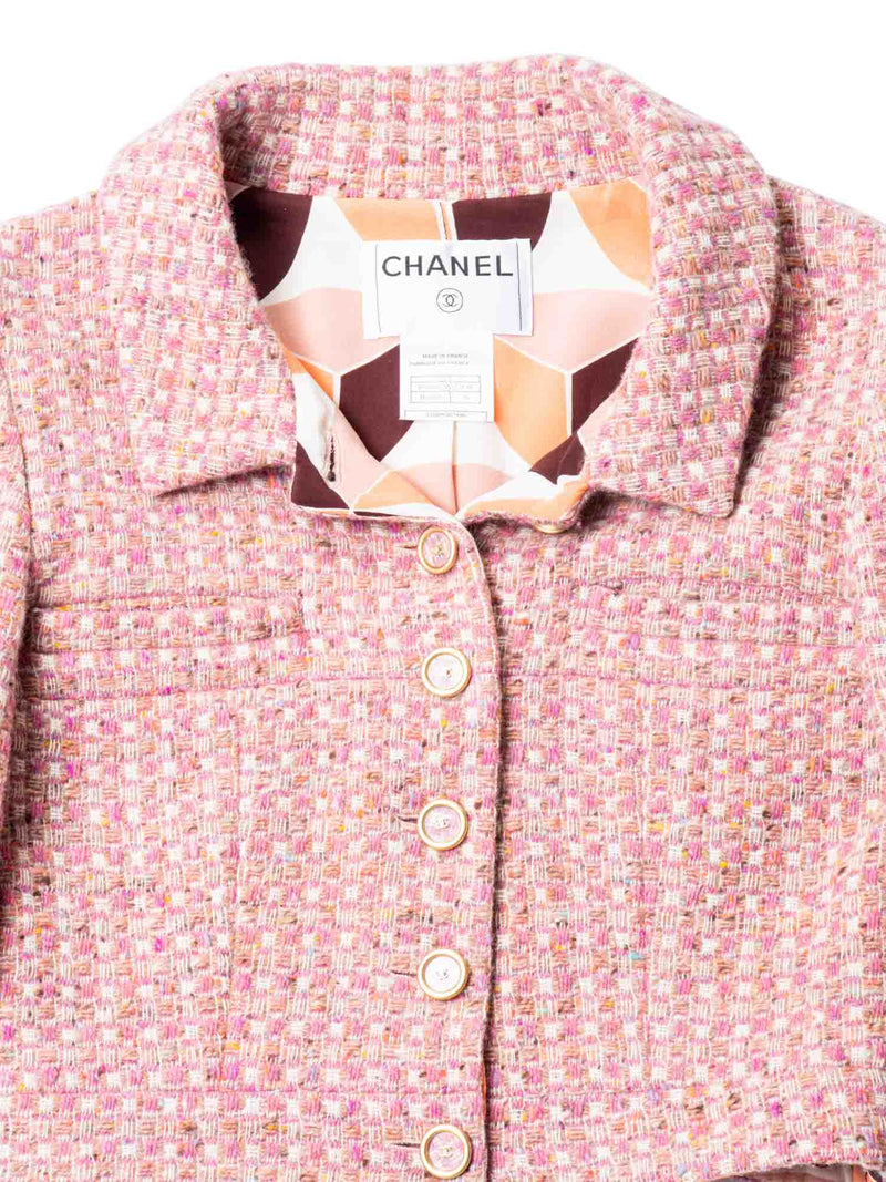 CHANEL CC Logo Tweed Cropped Jacket Skirt Suit Blush Pink-designer resale