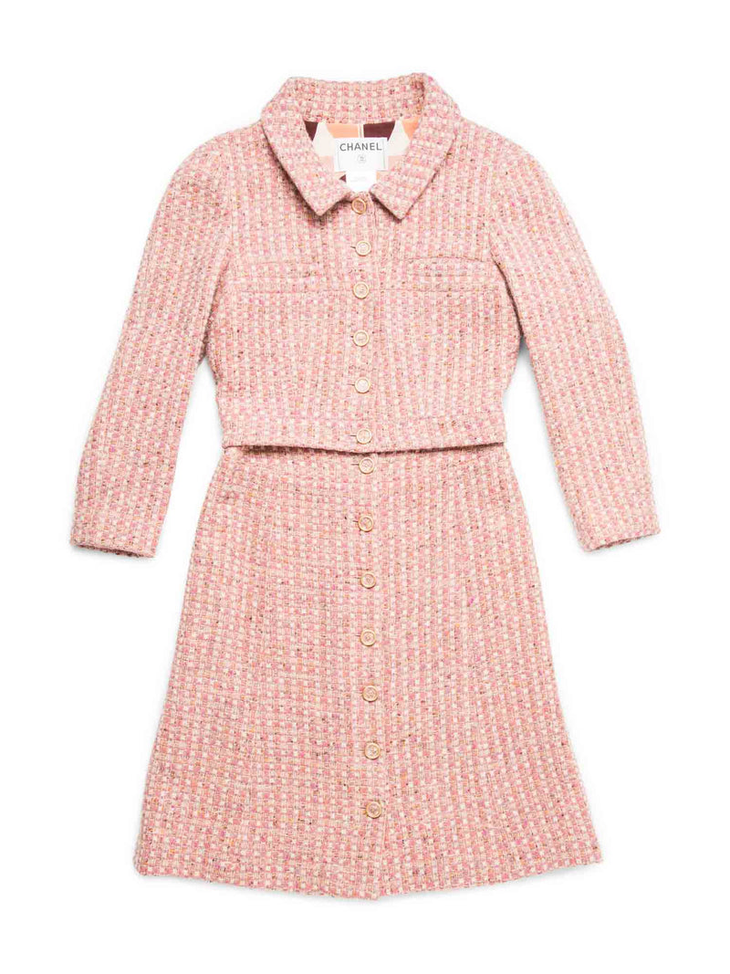 CHANEL CC Logo Tweed Cropped Jacket Skirt Suit Blush Pink-designer resale