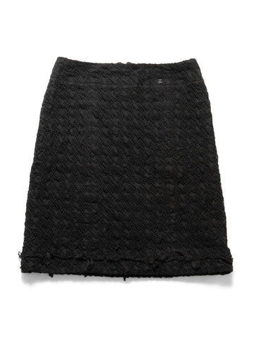 CHANEL CC Logo Tweed Fringe Camellia Skirt Black-designer resale