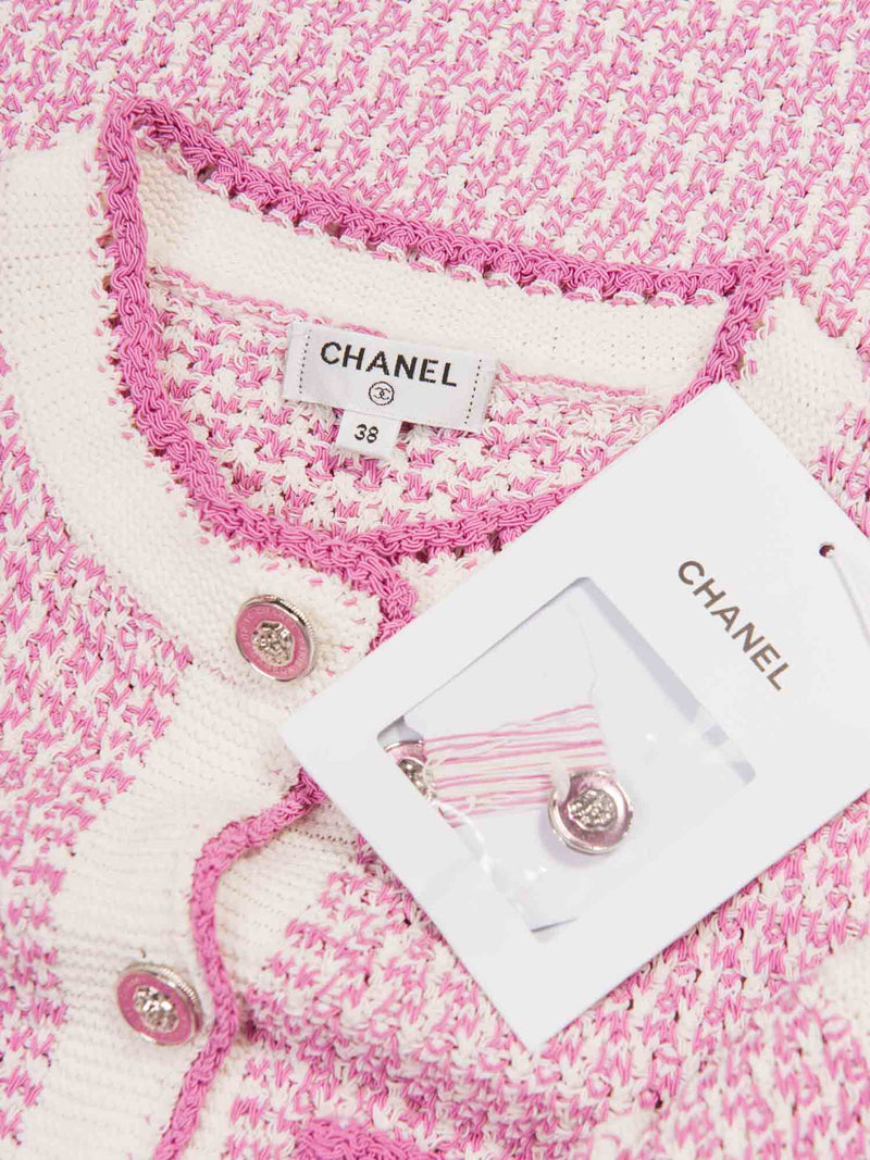 CHANEL CC Logo Tweed Fringe Mini Dress Pink White-designer resale
