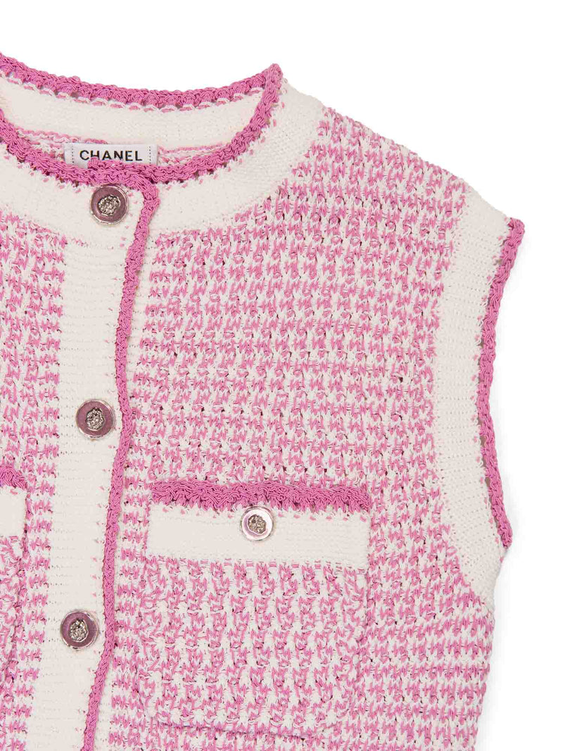 CHANEL CC Logo Tweed Fringe Mini Dress Pink White-designer resale