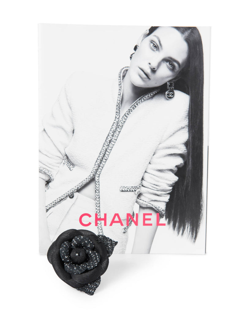 CHANEL CC Logo Tweed Silk Camellia Brooch Black White-designer resale