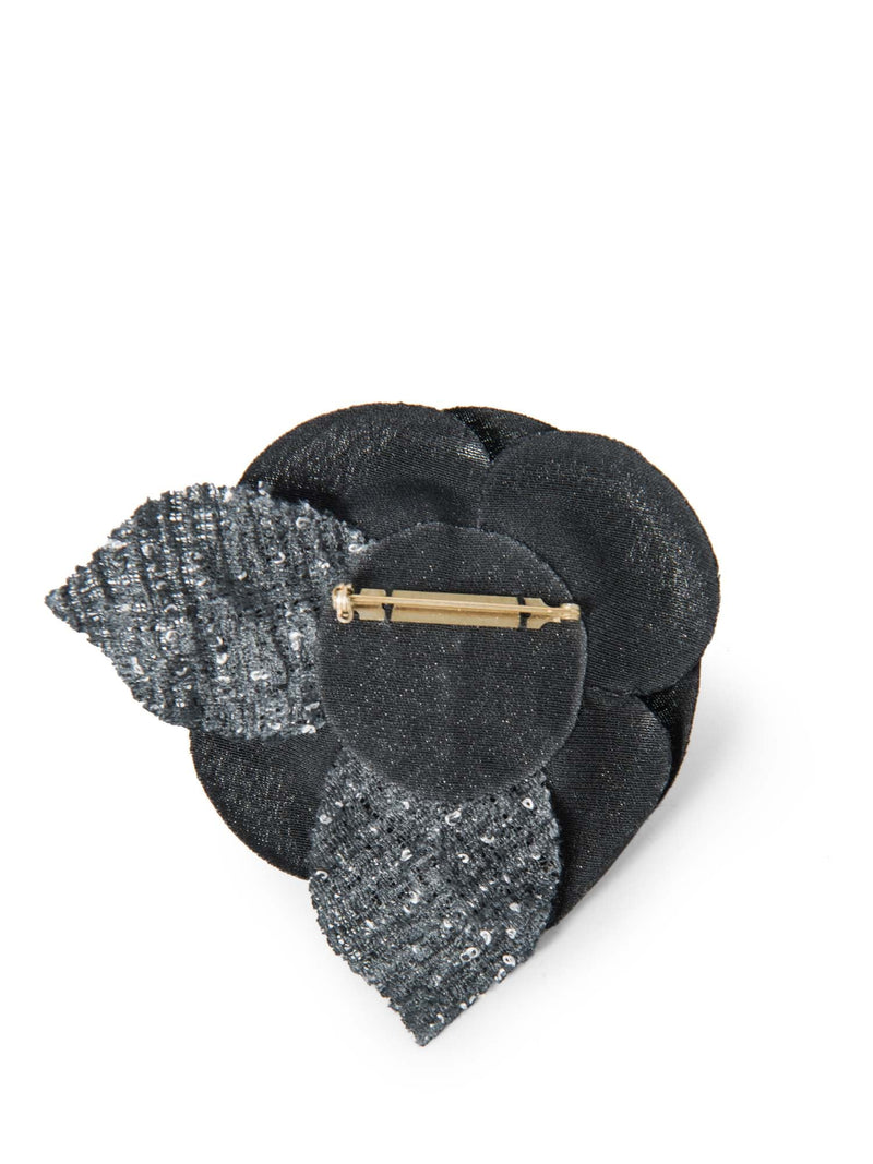 CHANEL CC Logo Tweed Silk Camellia Brooch Black White-designer resale