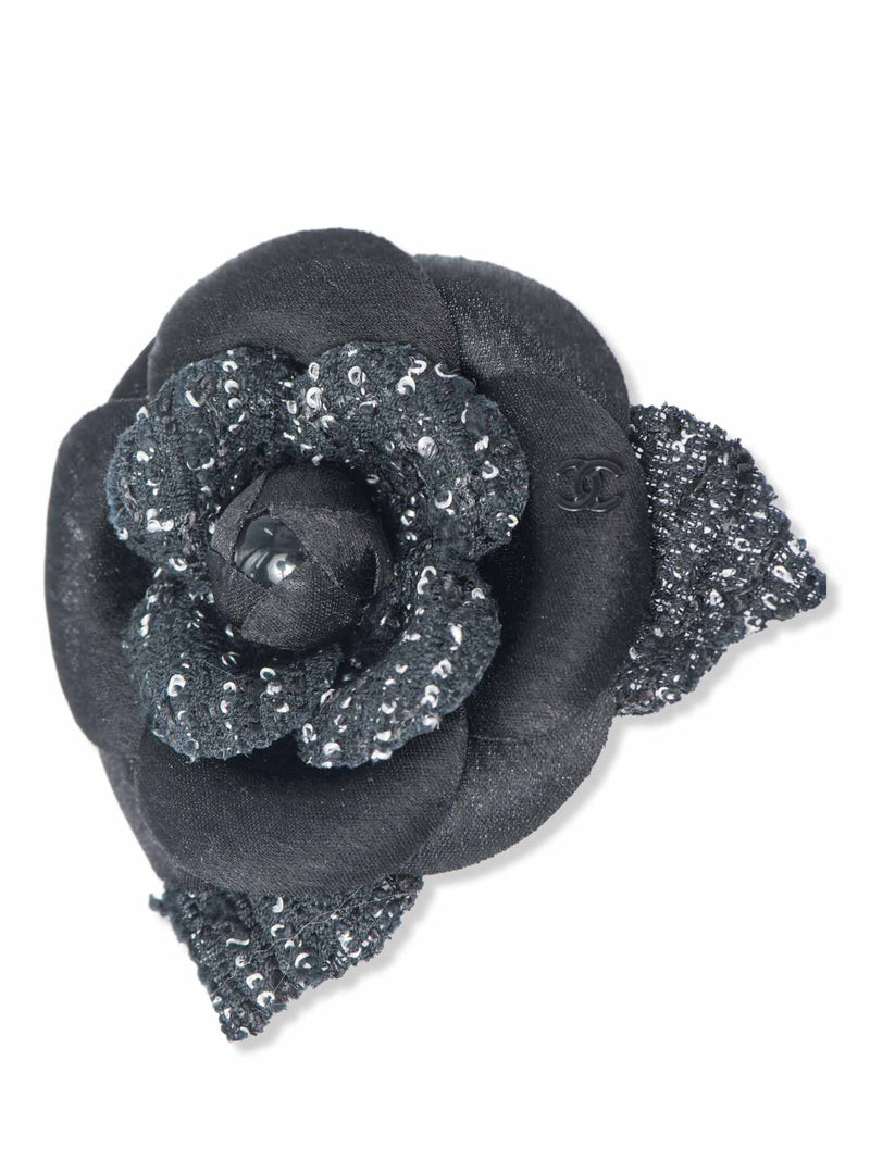 CHANEL CC Logo Tweed Silk Camellia Brooch Black White-designer resale