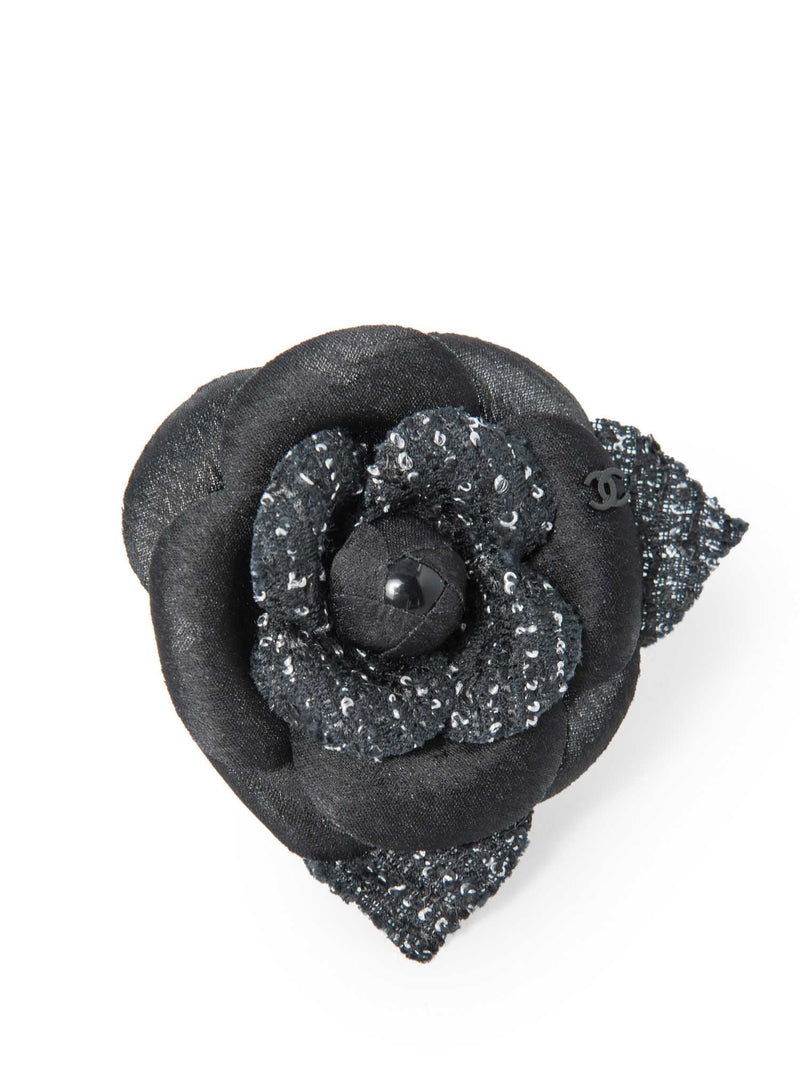 CHANEL CC Logo Tweed Silk Camellia Brooch Black White-designer resale