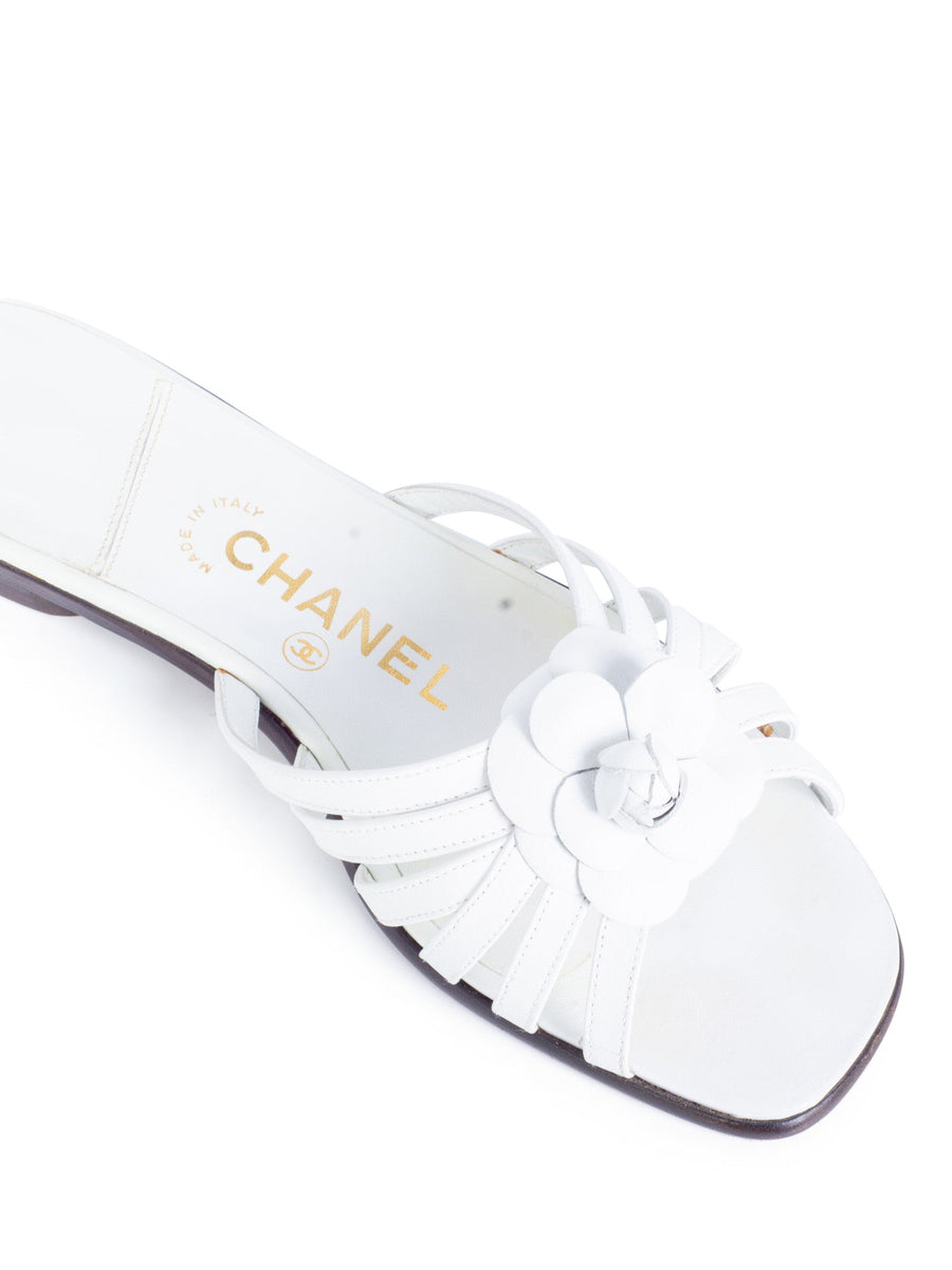 CHANEL Cameilla Leather Slip On Strap Sandals White
