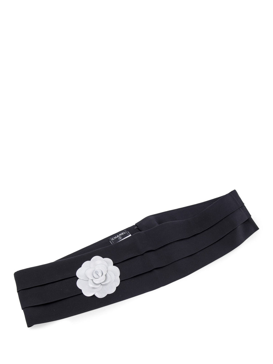 CHANEL Camelia Pleated Satin Silk Belt Black