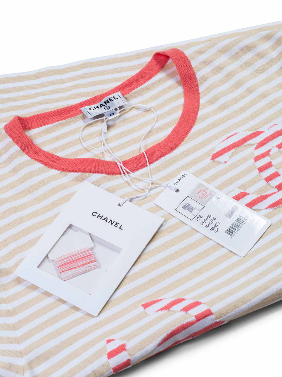 CHANEL Cotton CC Logo Stripe Top Tan Pink EU 42