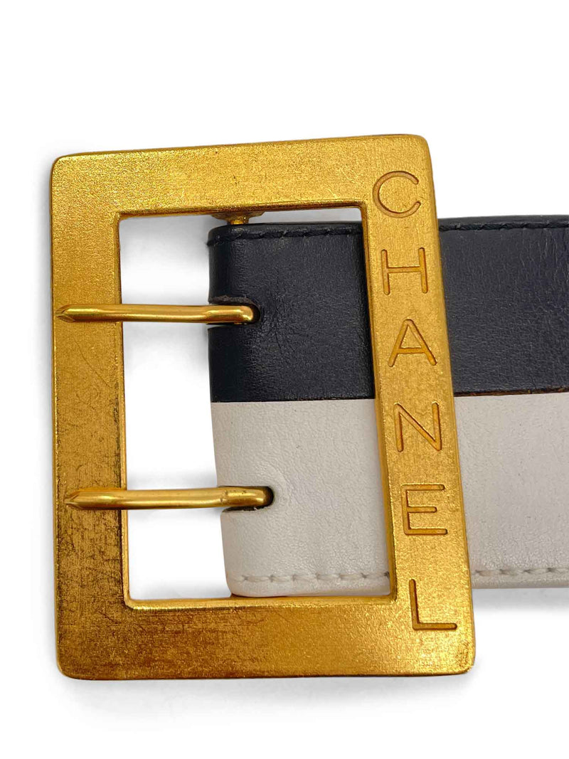 CHANEL Logo Leather Wide Belt Black White-designer resale