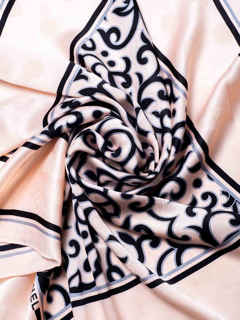 CHANEL Logo Silk Royal Floral Scarf Pink Black-designer resale
