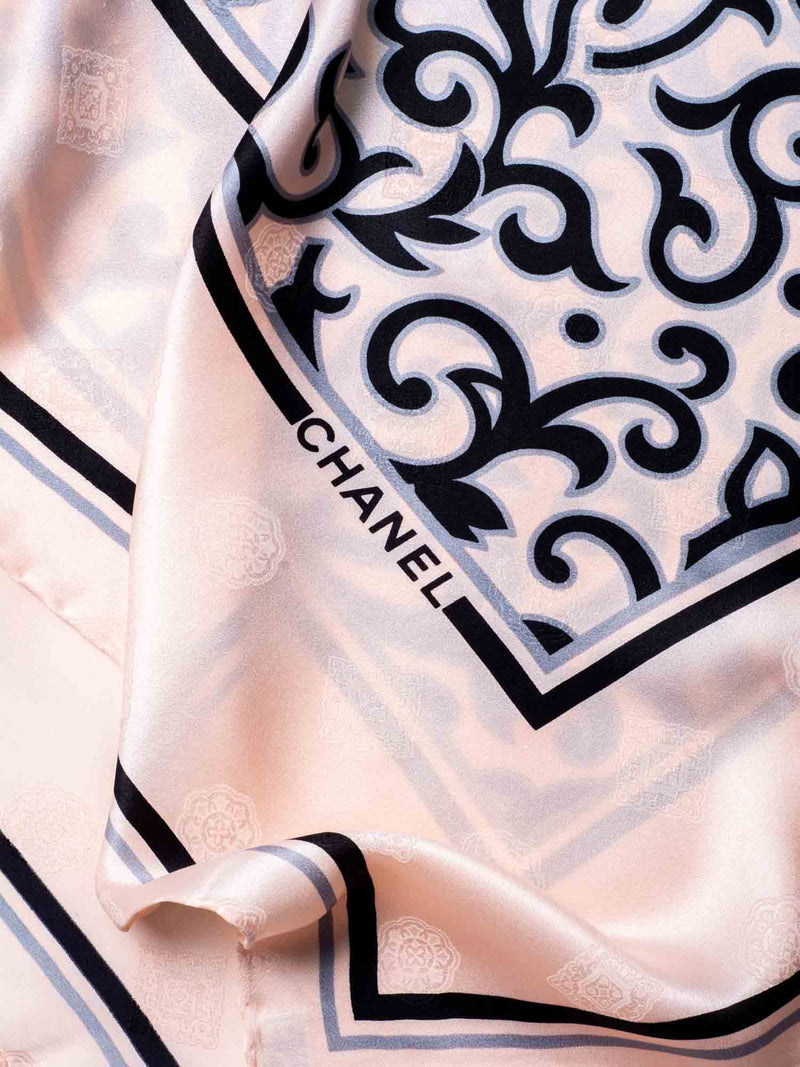 CHANEL Logo Silk Royal Floral Scarf Pink Black-designer resale
