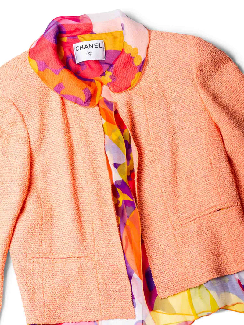 CHANEL Logo Tweed Silk Fringe Cropped Jacket Peach Multicolor-designer resale