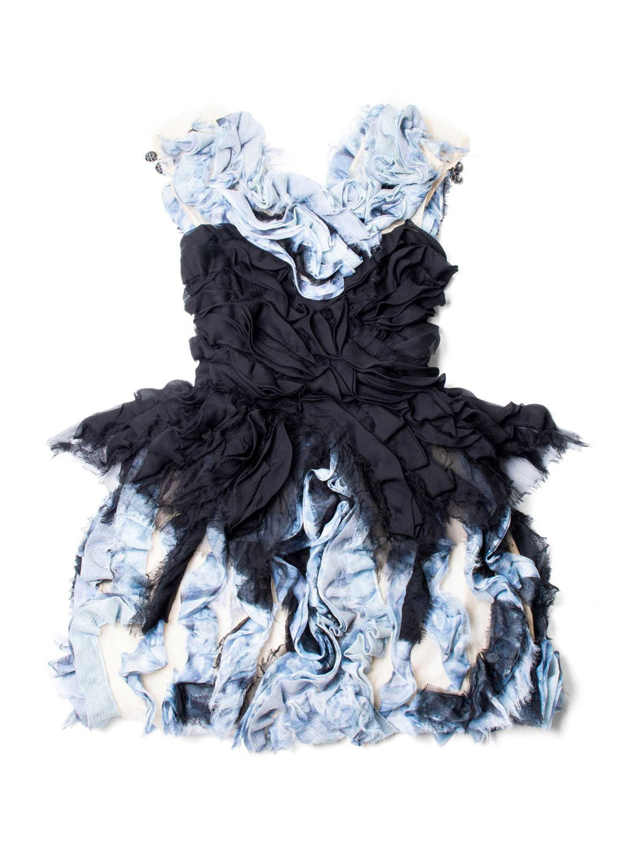 CHANEL Runway CC Logo Knit Ruffle Mini Dress Blue Black