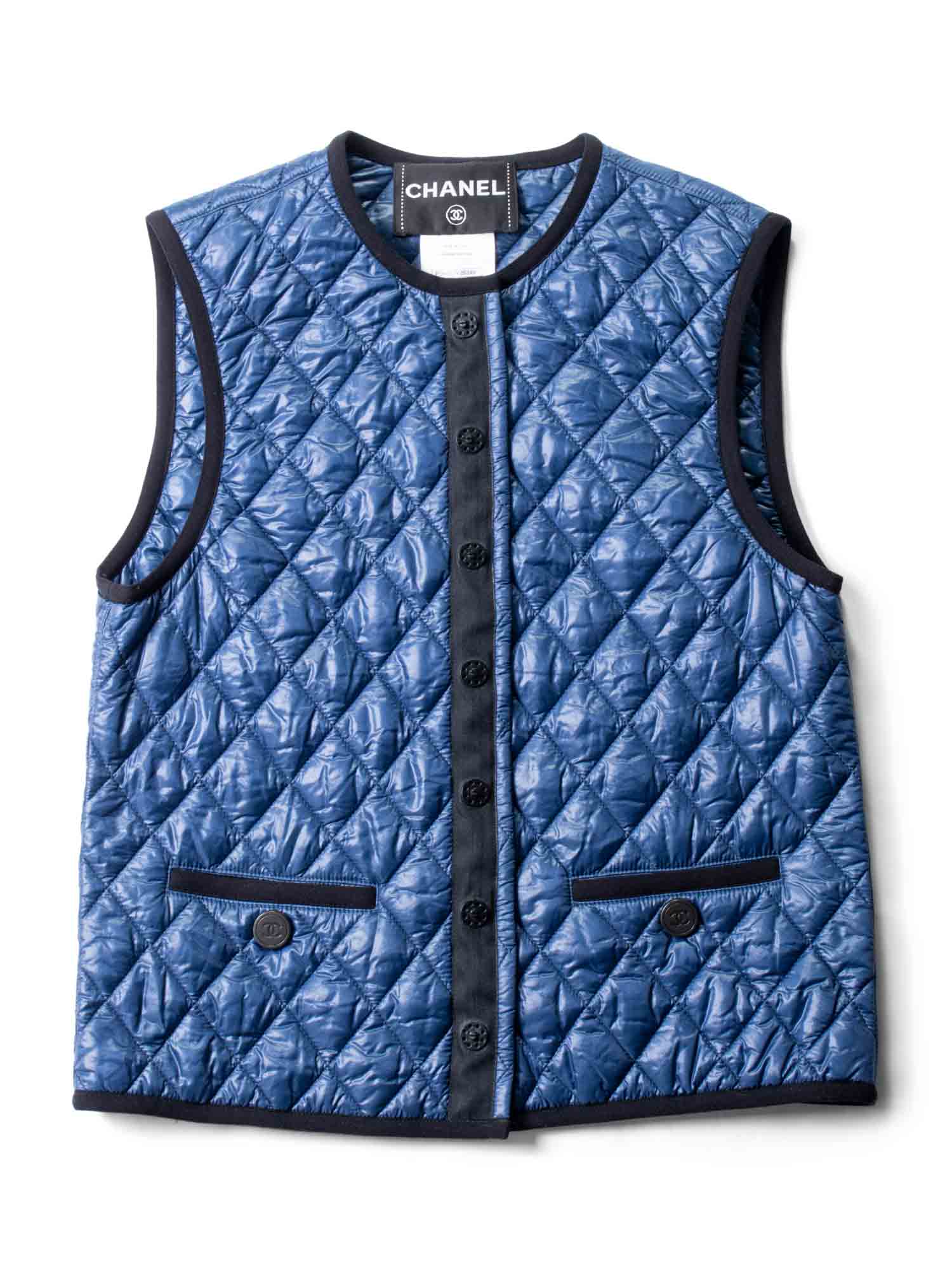 CHANEL Runway CC Logo Quilted Puffer Vest Blue Black-designer resale