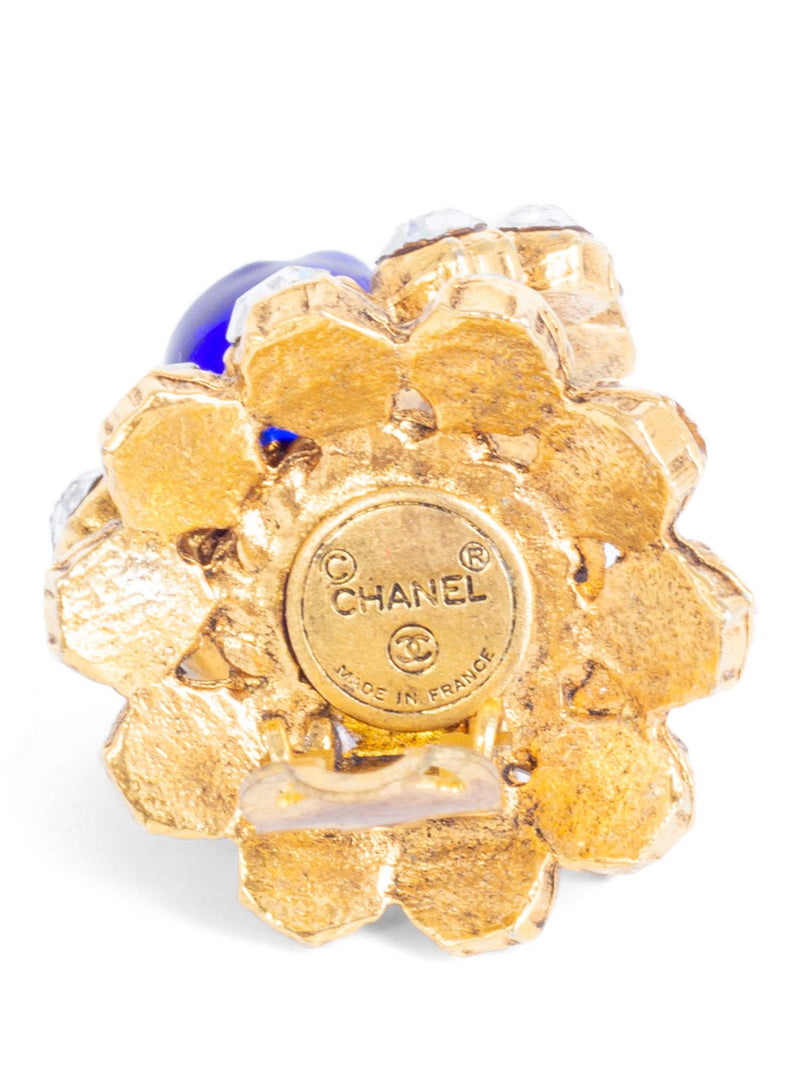 CHANEL Vintage 24K Gemstone Flower Clip On Earrings Blue-designer resale