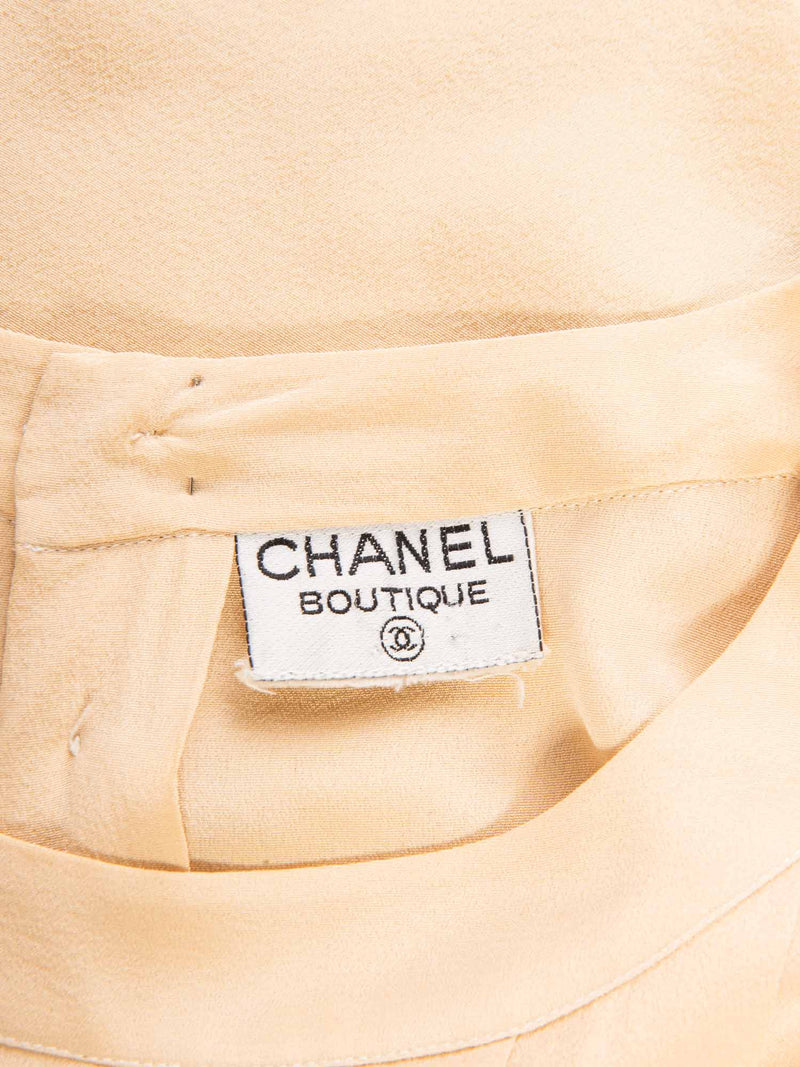 CHANEL Vintage CC Logo Pleated Slik Blouse Beige Gold-designer resale