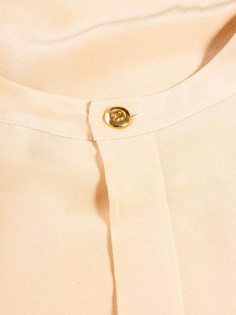 CHANEL Vintage CC Logo Pleated Slik Blouse Beige Gold-designer resale