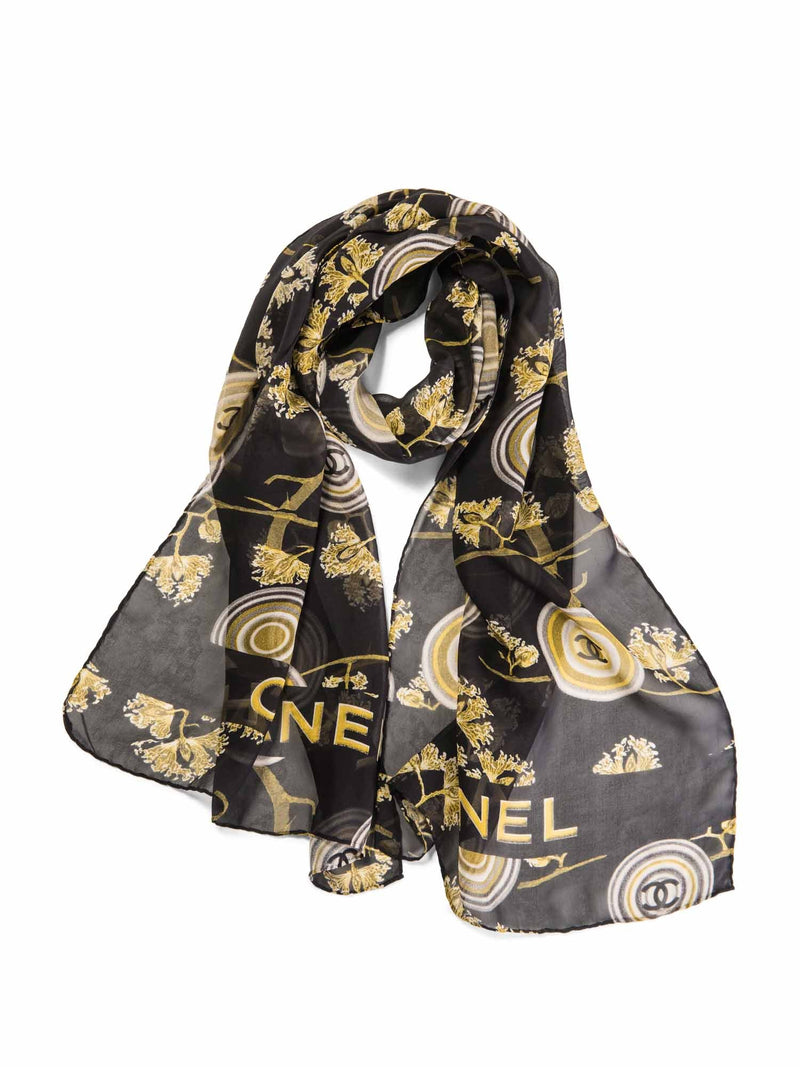 CHANEL Vintage CC Logo Silk Medallion Scarf Black Gold-designer resale