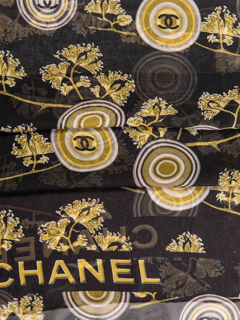 CHANEL Vintage CC Logo Silk Medallion Scarf Black Gold-designer resale