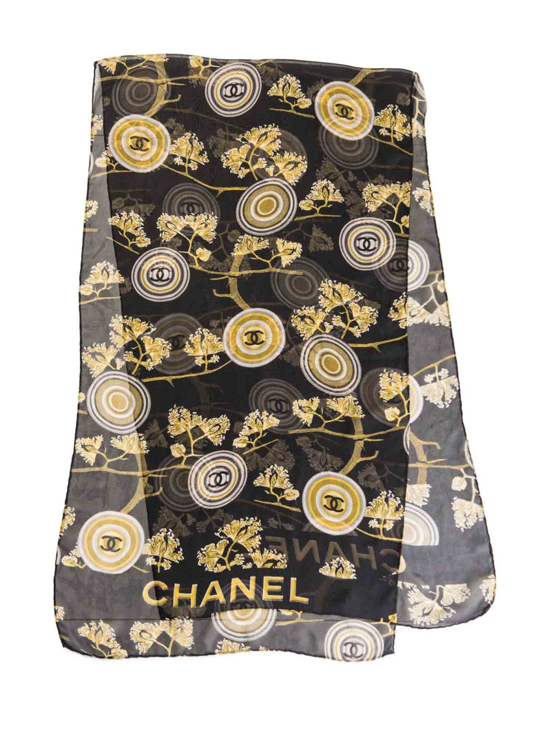 CHANEL Vintage CC Logo Silk Medallion Scarf Black Gold-designer resale