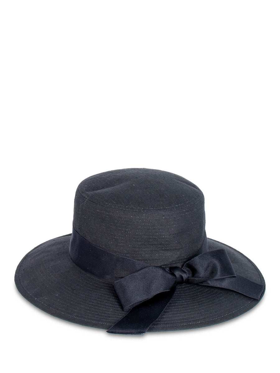 CHANEL Vintage Cotton Satin Bow Fedora Hat Black