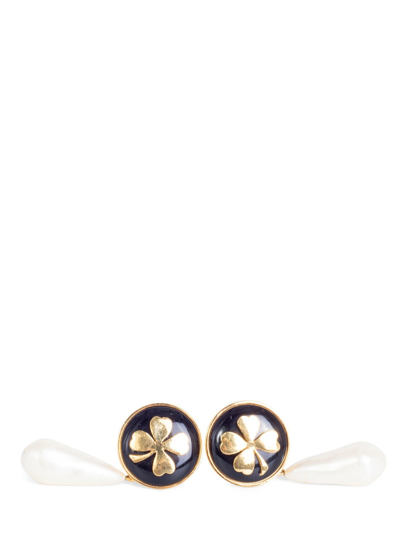 CHANEL Vintage Lucky Clover Pearl Clip On Earrings Gold-designer resale