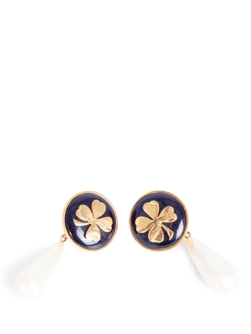 CHANEL Vintage Lucky Clover Pearl Clip On Earrings Gold-designer resale