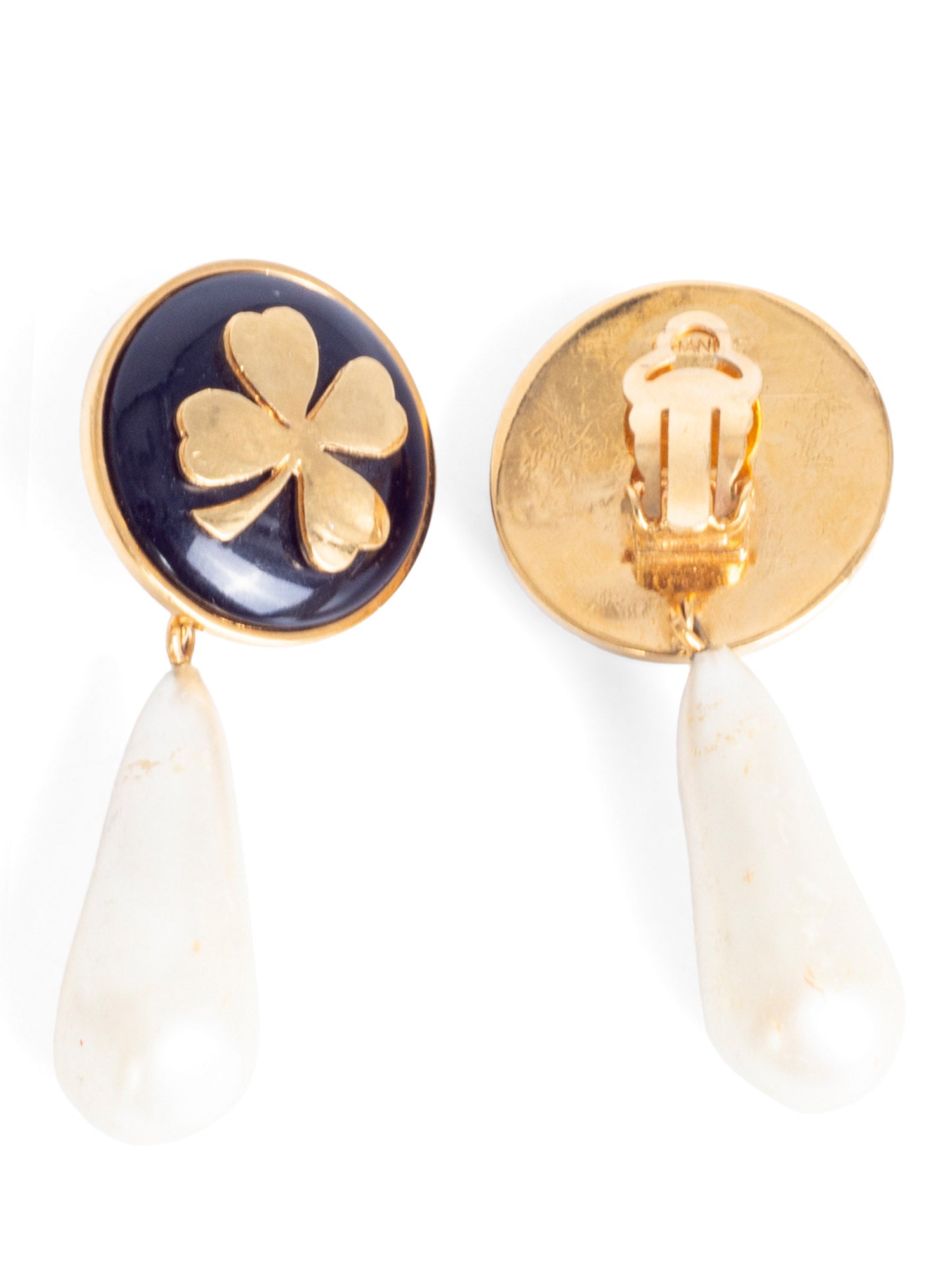 CHANEL Vintage Lucky Clover Pearl Clip On Earrings Gold-designer resale