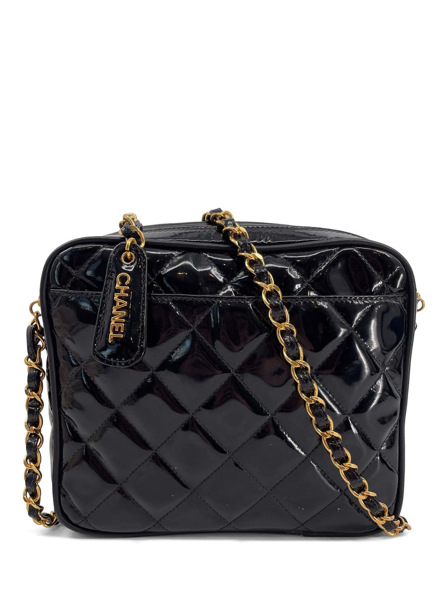 CHANEL Vintage Patent Leather 24k Gold CC Logo Camera Bag Black