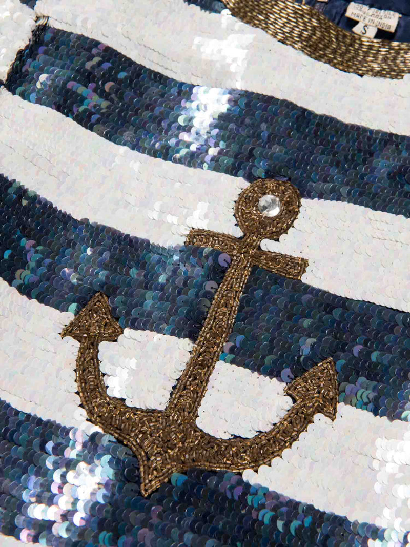 Cardiere Et Cie Silk Anchor Stripe Sequin Top Blue White-designer resale