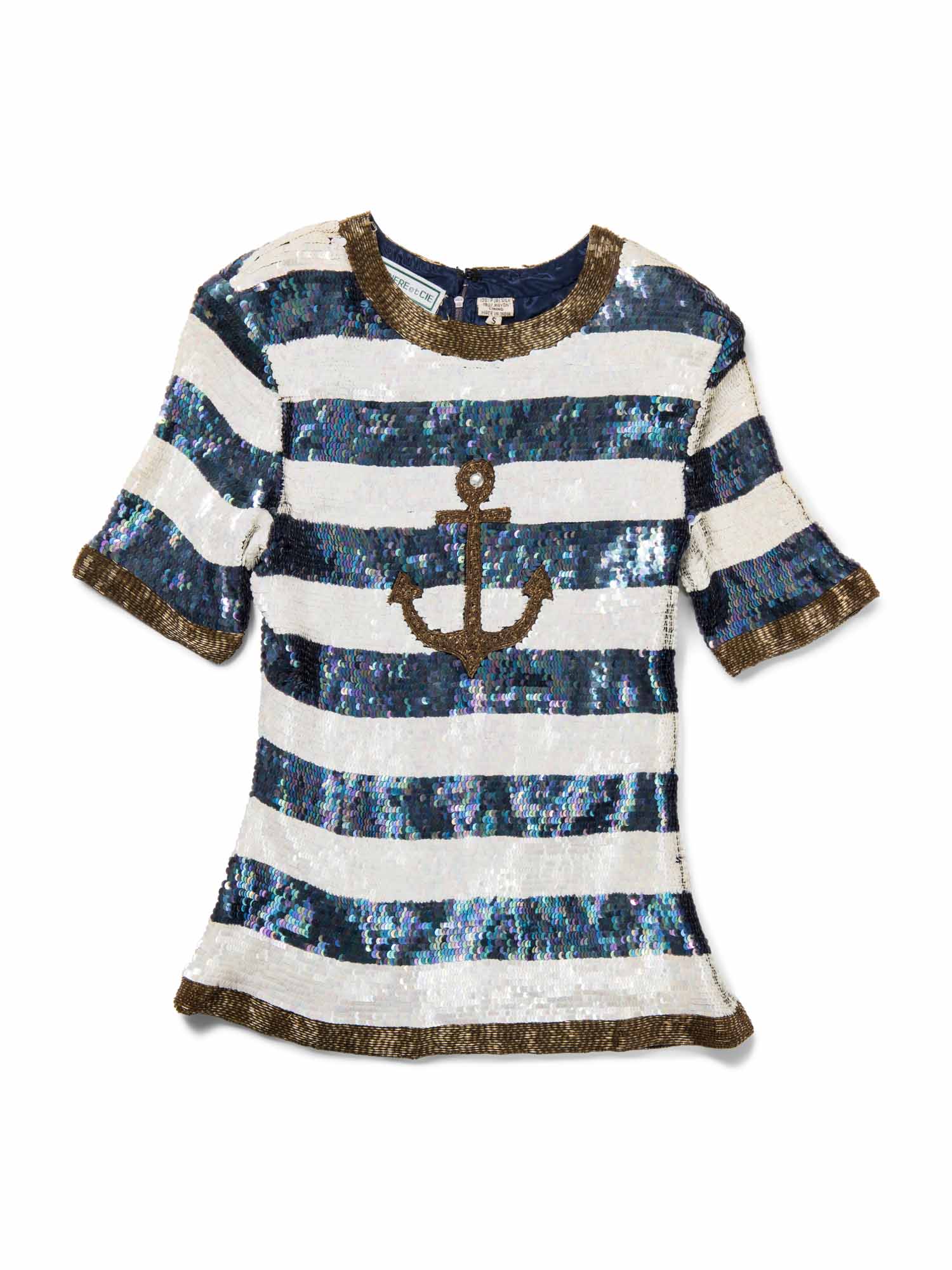 Cardiere Et Cie Silk Anchor Stripe Sequin Top Blue White-designer resale