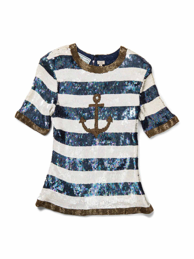 Cardiere Et Cie Silk Anchor Stripe Sequin Top Blue White-designer resale